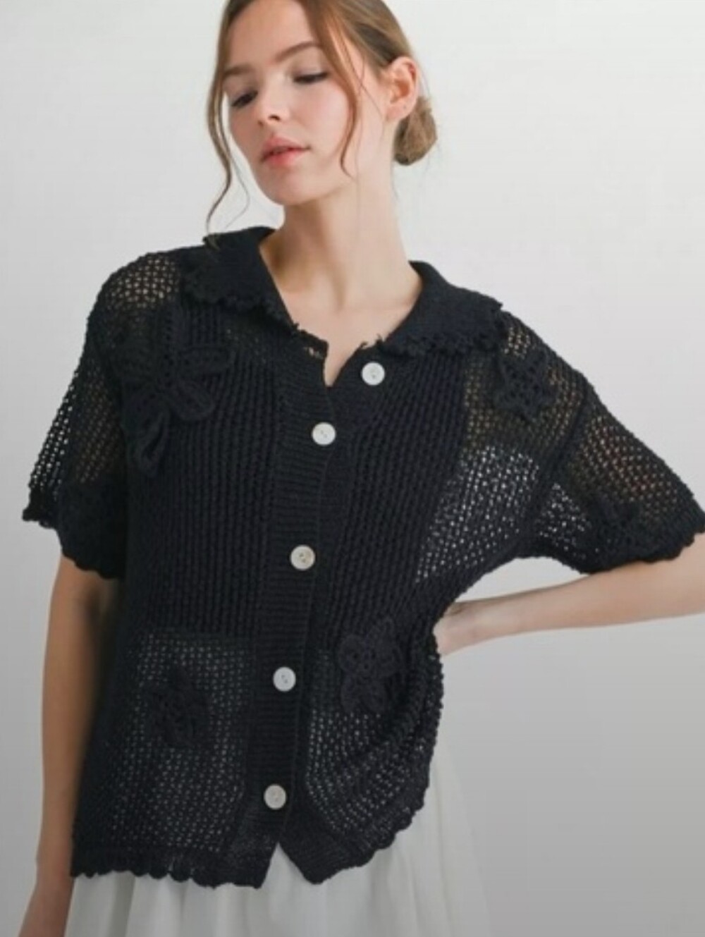 Boho Black Crochet Button-Front Cardigan Sweater